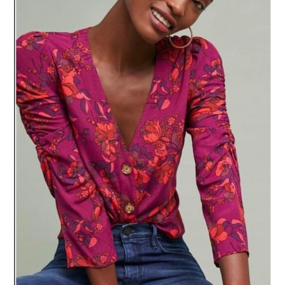 Maeve Anthropologie Fall Floral Blouse Womens Large Magenta Ruched Sleeve Top - Picture 2 of 11